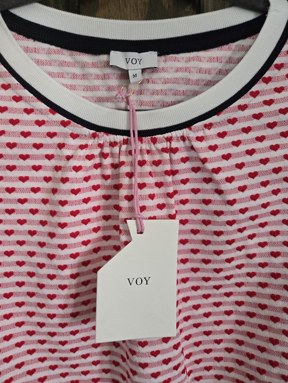 VOY Pink Heart-Print Short Sleeve Blouse with Navy Contrast Trim - Picture 3 of 4